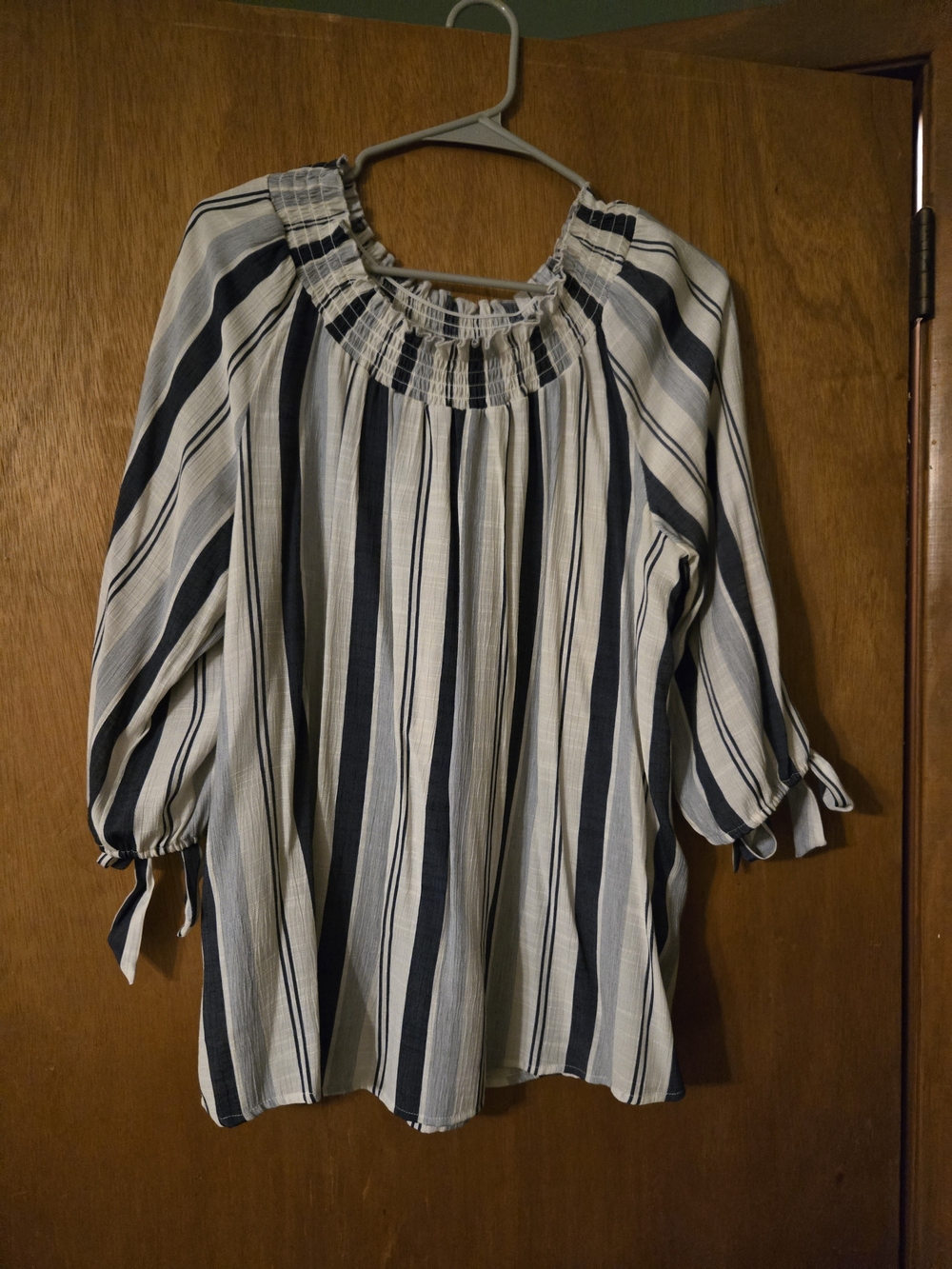 Striped Off-Shoulder Peasant Top - Navy & White